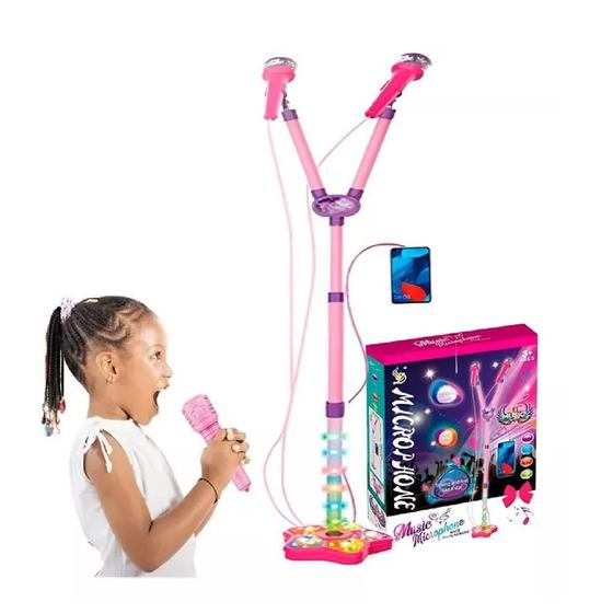 Imagem de Microfone infantil duplo pedestal amplificador musical karaoke rock star conecta celular mp3 luz rosa