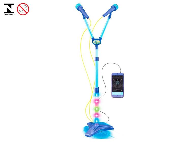 Imagem de Microfone Karaokê infantil com 2 Microfones e Pedestal Duplo Azul Com Leds Que Piscam