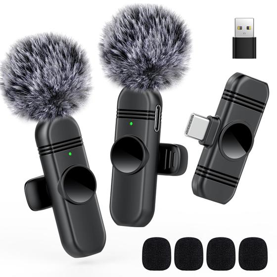Imagem de Microfone Lapela Sem Fio Tipo C - Compatível com iPhone 15, Android, Laptop e PC - Pacote com 2