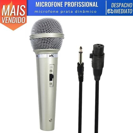 Imagem de Microfone Profissional Dinâmico Prata Plástico Metal Com 3 Metros Fio