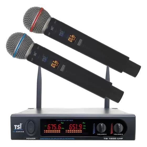 Microfone Profissional Duplo de Mão Sem Fio 1200-UHF - TSI Menor preço em Microfone Profissional Duplo de Mão Sem Fio 1200-UHF - TSI