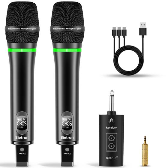 Imagem de Microfone Sem Fio Bietrun UHF - Recarregável, Duplo, Alcance de 240 Pés