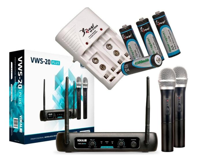 Microfones Vokal Sem Fio Duplo Vws-20 Plus Vhf Recarregável Imagem de Microfones Vokal Sem Fio Duplo Vws-20 Plus Vhf Recarregável