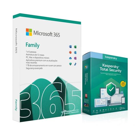 Microsoft 365 Family 1 licença anual para até 6 usuários + Kaspersky Antivírus Total Security, 5 dispositivos Licença 12 meses MICROSOFT Menor preço em Microsoft 365 Family 1 licença anual para até 6 usuários + Kaspersky Antivírus Total Security, 5 dispositivos Licença 12 meses MICROSOFT