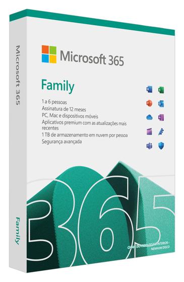 Microsoft 365 Family 12 meses 6 usuários. PC/Mac/Iphone/tablet. Ativação necessária. Produto físico Menor preço em Microsoft 365 Family 12 meses 6 usuários. PC/Mac/Iphone/tablet. Ativação necessária. Produto físico