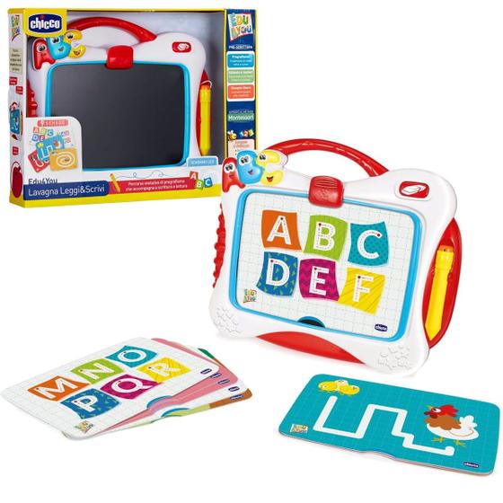 Imagem de Minha Primeira Lousa Digital Chicco Brinquedo Educativo Montessori Aprender Ler e Escrever 4 em 1 Tela LCD +4 anos