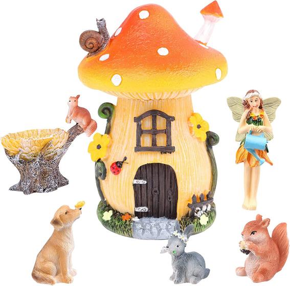 Imagem de Mini acessórios de jardim de fadas com estatuetas de fadas (6 unidades), enfeites de flores, cães, coelhos, esquilos e cogumelos