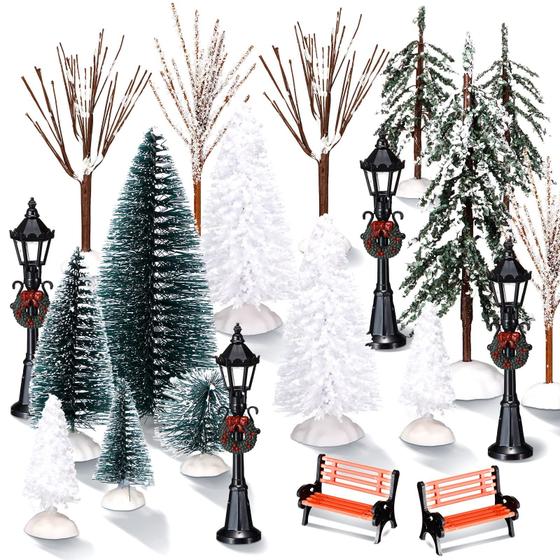 Imagem de Mini Árvore de Natal Artificial Aoriher com Neve (22cm) - Conjunto com 28 Unidades
