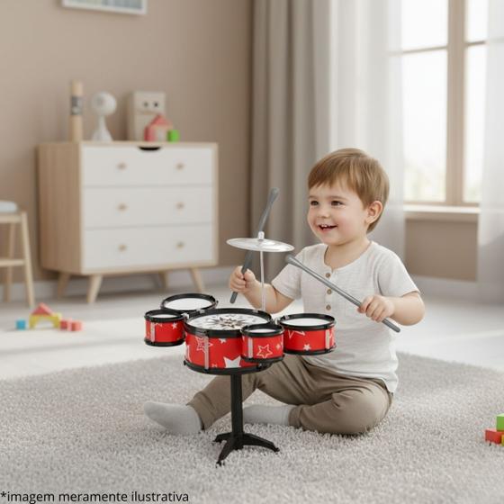 Mini Bateria Infantil Instrumento Musical Brinquedo com Prato Tambor e Baqueta - Brinq Kids
