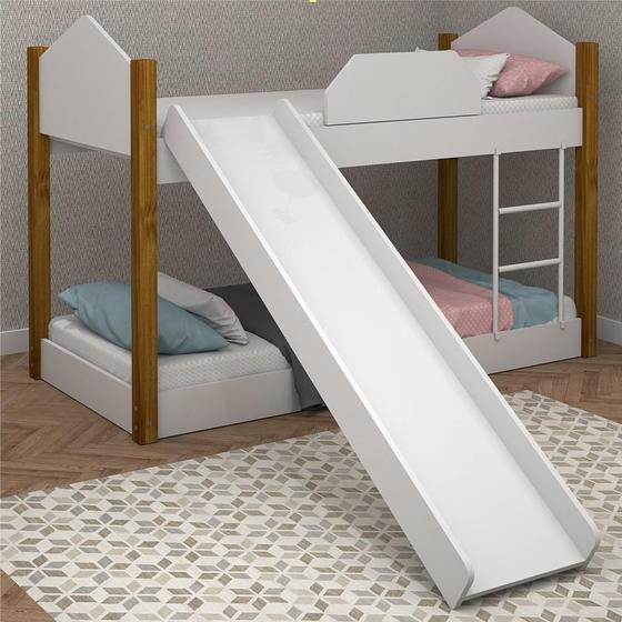 Imagem de Mini Beliche Clean Branco e Mel com Colchões e Escorrega