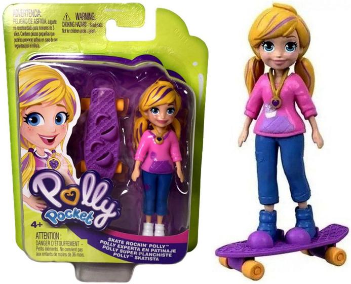 Imagem de Mini Boneca Colecionável Menina Loira Polly Pocket Skatista Moderna - Com Acessório Skate - Mattel