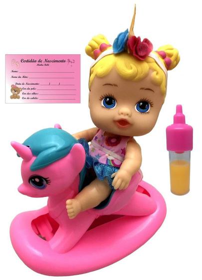 Imagem de Mini Boneca Menina Little Dolls Balancinho Balanço Unicórnio - Acompanha Acessórios Mamadeira Mágica E Certidão De Nascimento - Divertoys Brinquedos