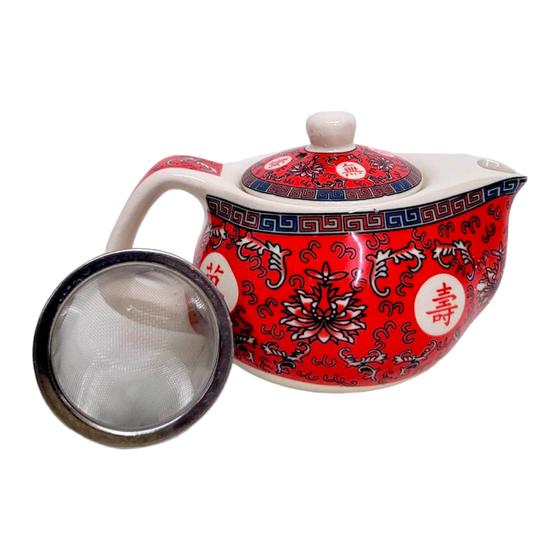 Imagem de Mini Bule de Chá Oriental Porcelana Infusor Inox Chaleira