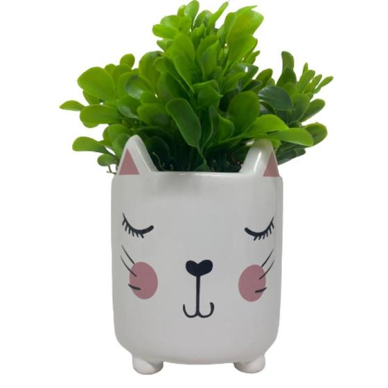 Imagem de Mini cachepot gatinho de cerâmica com planta artificial