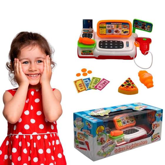 Imagem de Mini Caixa Registradora Infantil Com Luz E Som Mercado Menina Máquina Criança Supermercado Completa Educativo Cartão