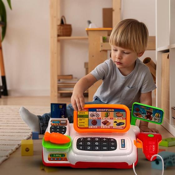 Imagem de Mini Caixa Registradora Infantil Com Luz E Som Mercado Menina Máquina Supermercado Acessórios Lojinha Cartão Interativa