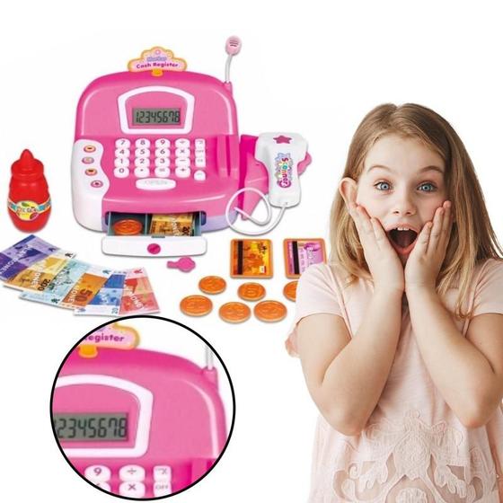 Imagem de Mini Caixa Registradora Infantil Mercadinho Mercado Menino Menina Máquina Supermercado Acessórios Lojinha Notas e Moedas