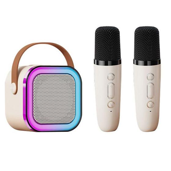 Imagem de Mini Caixinha De Som Karaokê Com 2 Microfones Bluetooth Infantil Família Efeito Mudança Voz Led RGB