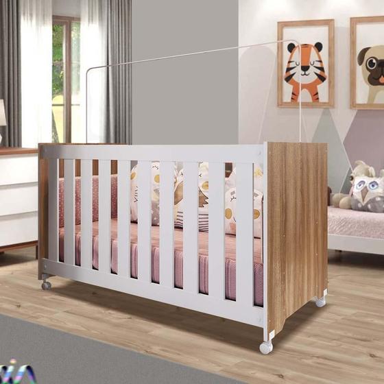 Imagem de Mini Cama Berço com Colchão e Rodízios Nogal Manchester e Branco