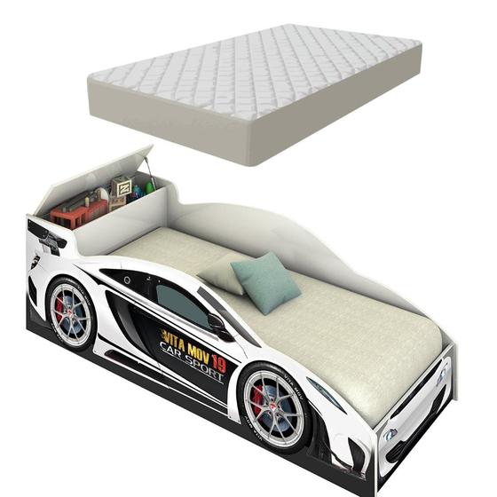 Imagem de Mini Cama Carro Infantil Com Baú  E Colchão Para Quarto Meninos 