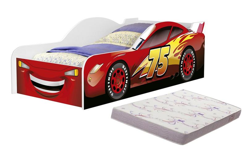 Imagem de mini cama infantil adesivada carro baixa de chão com proteção lateral MDF com colchão juvenil