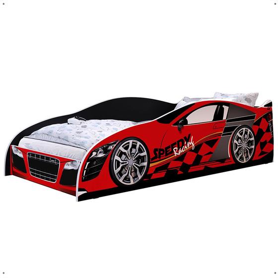 Imagem de Mini Cama Infantil Carro Corrida Speedy MDF Montessoriana Proteção Lateral Decoração Kids Tema Quarto Menino - Vermelho/Preto  RPM