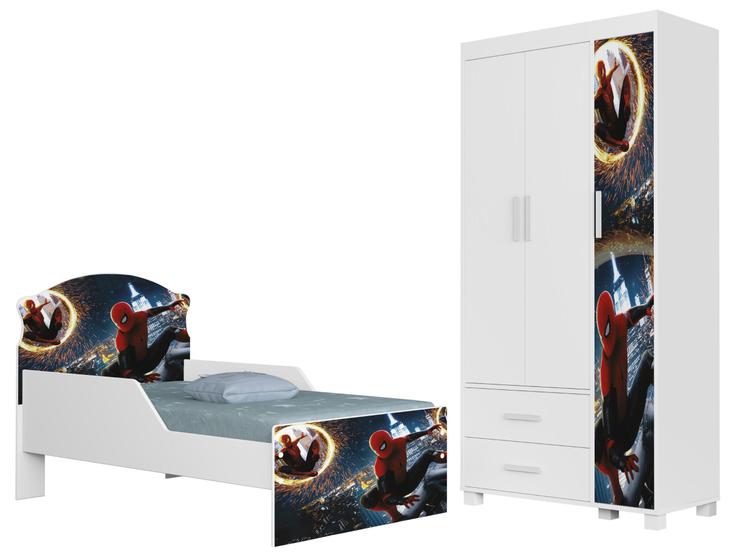 Imagem de Mini Cama Infantil Livia Adesivada Para Quarto MDF Com Proteção Lateral Design Moderno Com Guarda Roupa 3 Portas 2 Gav