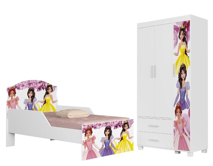 Imagem de Mini Cama Infantil Livia Para Quarto MDF Com Proteção Lateral Design Moderno Com Guarda Roupa 3 Portas 2 Gavetas