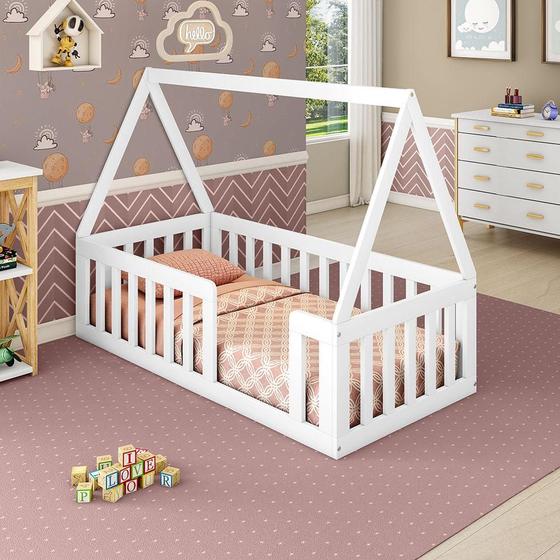 Imagem de Mini Cama Montessoriana Giulia Madeira Maciça com Grade e Telhado Branco - Casatema