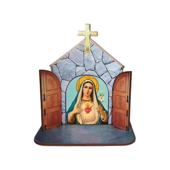 Imagem de Mini Capela Oratório Display Enfeite de Mesa Maria Santíssima 12cm Mdf Madeira