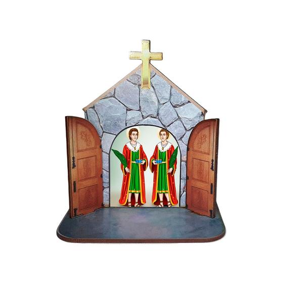 Imagem de Mini Capela Oratório Display Enfeite de Mesa São Cosme e Damião 12cm Mdf Madeira