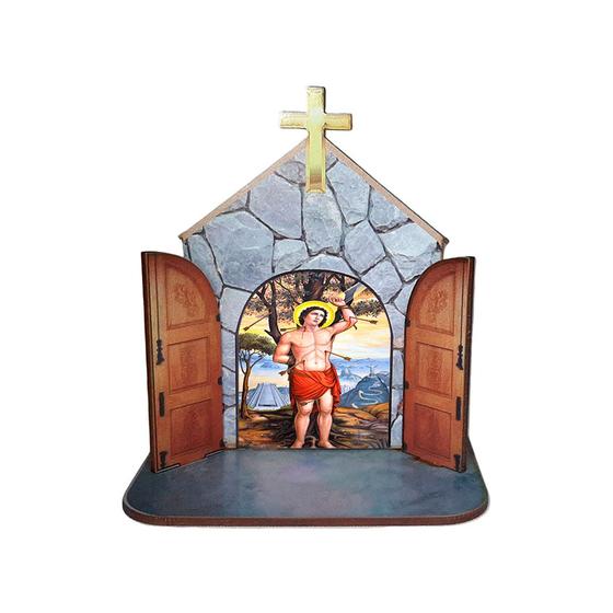 Imagem de Mini Capela Oratório Display Enfeite de Mesa São Sebastião 12cm Mdf Madeira