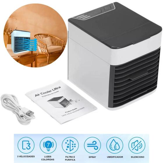 Imagem de Mini climatizador portátil com design moderno e funcional.