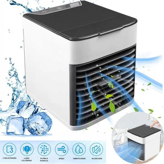 Imagem de Mini climatizador USB com design ergonômico e eficiente.