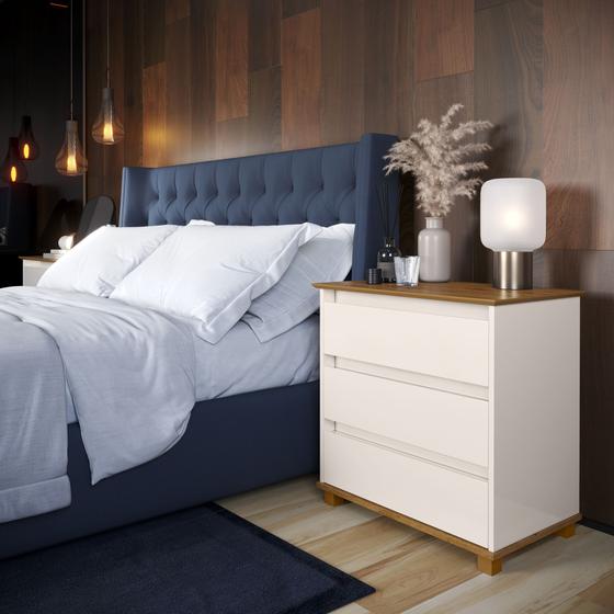 Imagem de Mini Cômoda EJ Mesa de Cabeceira para quarto com 3 gavetas - Off White com Freijó