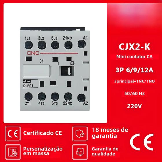 Imagem de Mini Contator CA CNC 3P 3main 1NO/1NC Tensão Da Bobina 220V 6A 9A 12A Trilho DIN CJX2-K