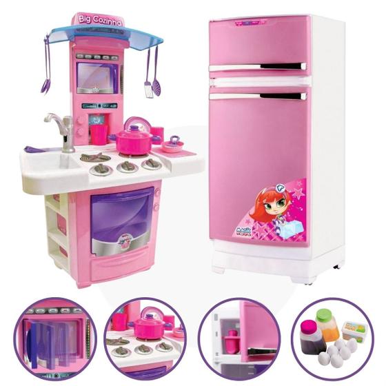 Imagem de Mini Cozinha Infantil Completa + Geladeira Mágica Rosa Linda