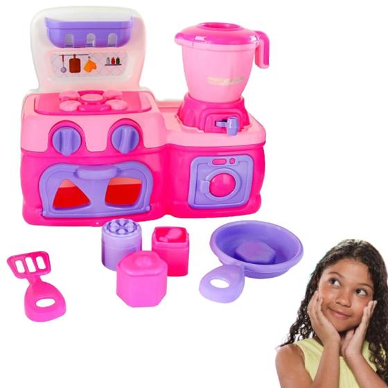 Imagem de Mini Cozinha Rosa com Fogão, Forno, Liquidificador, Espátula e Outros Acessórios