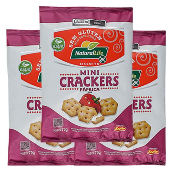 Imagem de Mini Crackers Sem Glúten, Vegano Páprica Natural Life contendo 3 pacotes de 70g cada