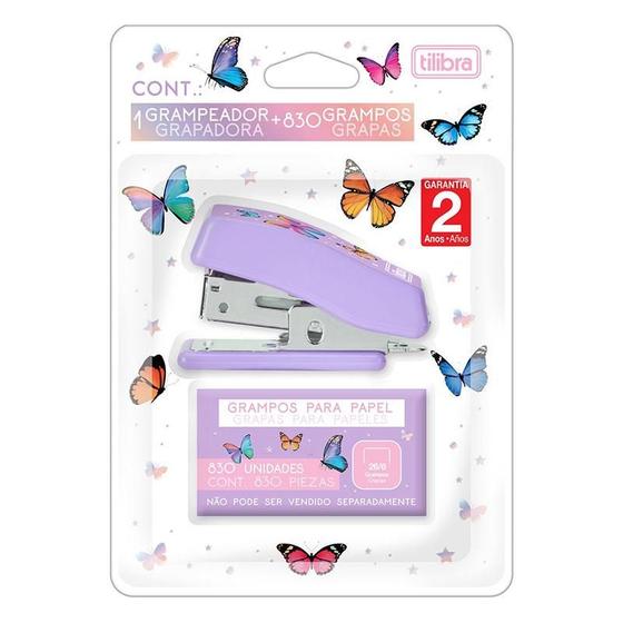 Imagem de Mini Grampeador Borboleta com Extrator e Grampos 12 Folhas Roxo - Tilibra