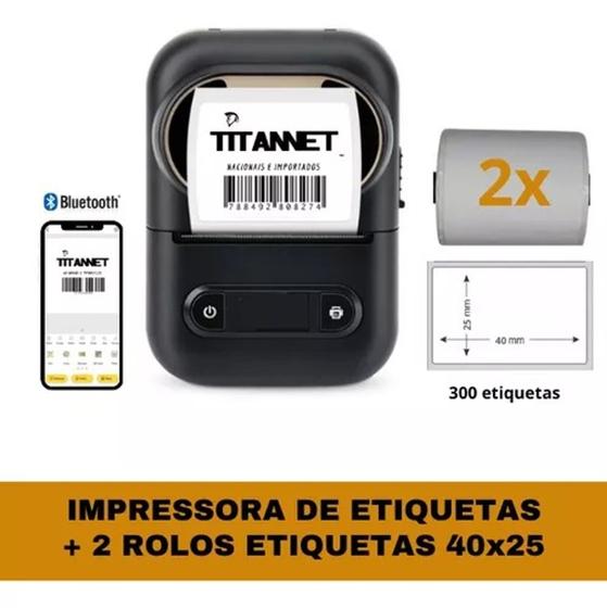 Mini Impressora Bluetooth + 2 Rolos Etiquetas 40x25 - TITANNET Imagem de Mini Impressora Bluetooth + 2 Rolos Etiquetas 40x25
