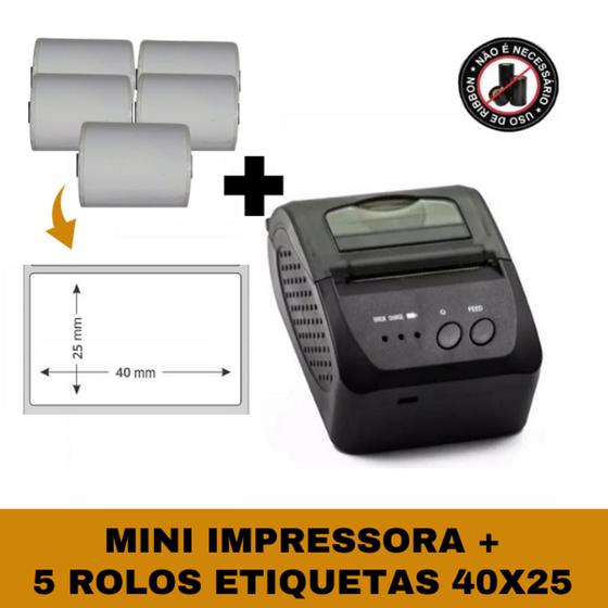 Imagem de Mini Impressora Bluetooth + 5 Rolos Etiqueta Adesiva 40x25