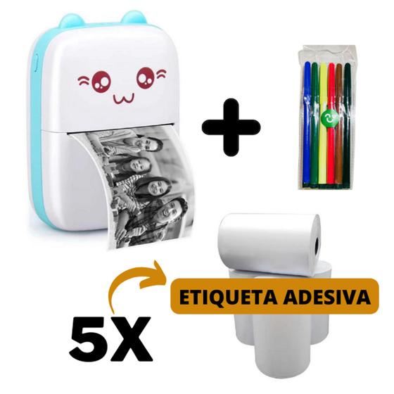 Imagem de Mini Impressora Térmica Portátil Gatinho Azul + 5 Rolos Adesivos + 1 Kit Canetinhas Coloridas