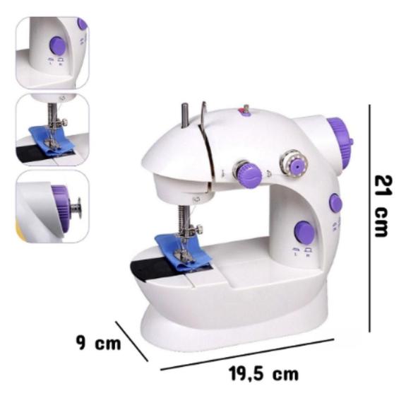 Mini máquina de costura portátil exibindo suas dimensões de altura e largura com exemplos de uso