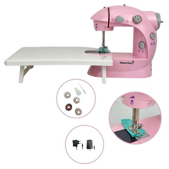 Imagem de Mini Máquina de Costura Rosa Portátil com Mesa Funciona com Pilhas ou Tomada