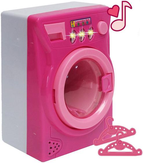 Imagem de Mini Máquina De Lavar Eletrônica Musical 2 Cabides Acende Luz Lavadora Infantil Menina Rosa Branca Modelo ZP00248 Original Zoop Toys