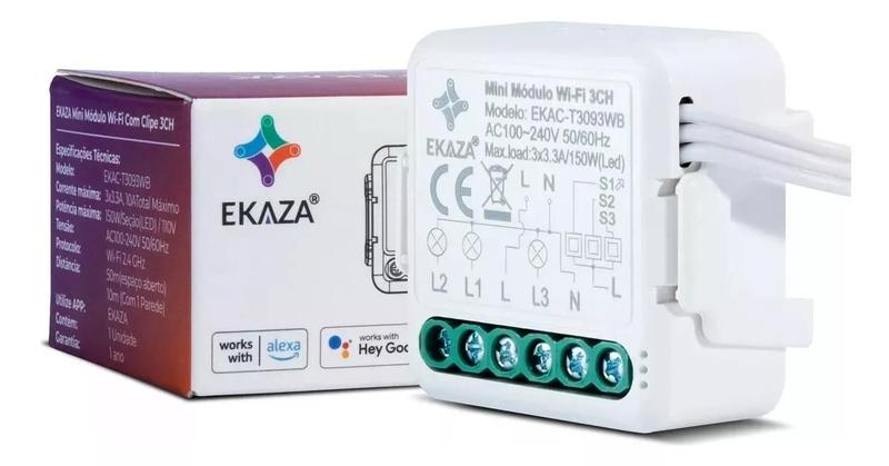 Imagem de Mini Módulo Embutir c/ Clipe Wifi + BLE 3 Canais EKAZA Automatização 10A