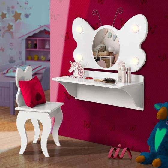 Imagem de Mini Penteadeira Infantil Com Espelho Borboleta Branca 100% MDF Valen Branco