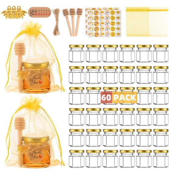 Imagem de Mini Potes de Mel de Vidro GIVAMEIHF (45ml) com Colheres de Madeira - Pacote com 60 Unidades