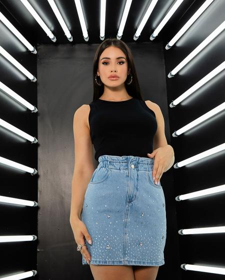 Imagem de Mini Saia Jeans Clochard Feminina Cintura Alta com Aplicação 23275 Clara